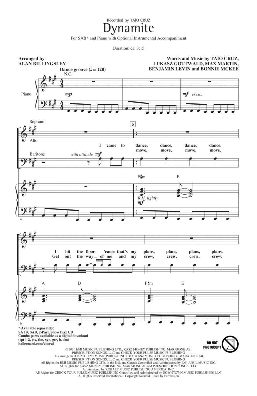 Dynamite (arr. Alan Billingsley) 3-Part scores gallery preview page 1