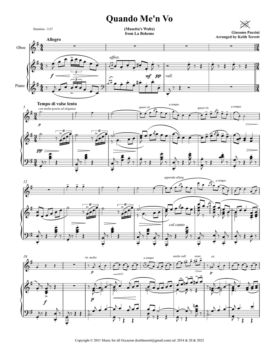 Quando Me'n Vo for Oboe & Piano Piano scores gallery preview page 2