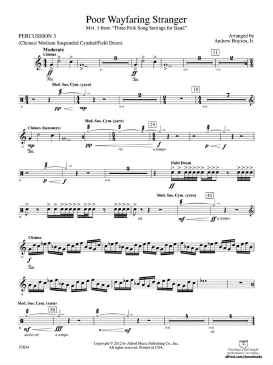 Poor Wayfaring Stranger: 3rd Percussion Concert Band scores gallery preview page 1