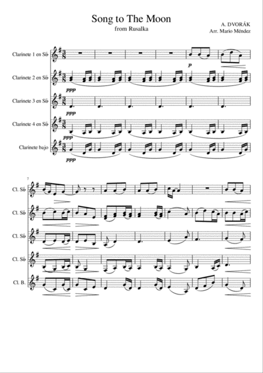 'Song to the Moon' from opera Rusalka. A. Dvorák. Clarinet Quintet Arragement Clarinet Quintet scores gallery preview page 1