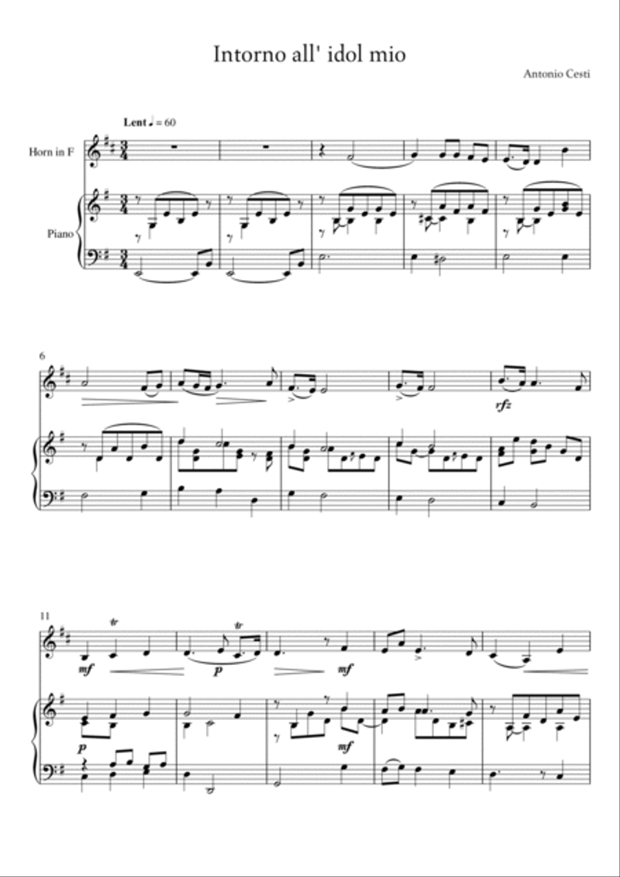 Antonio Cesti - Intorno all idol mio (Piano and French Horn) Small Ensemble scores gallery preview page 2