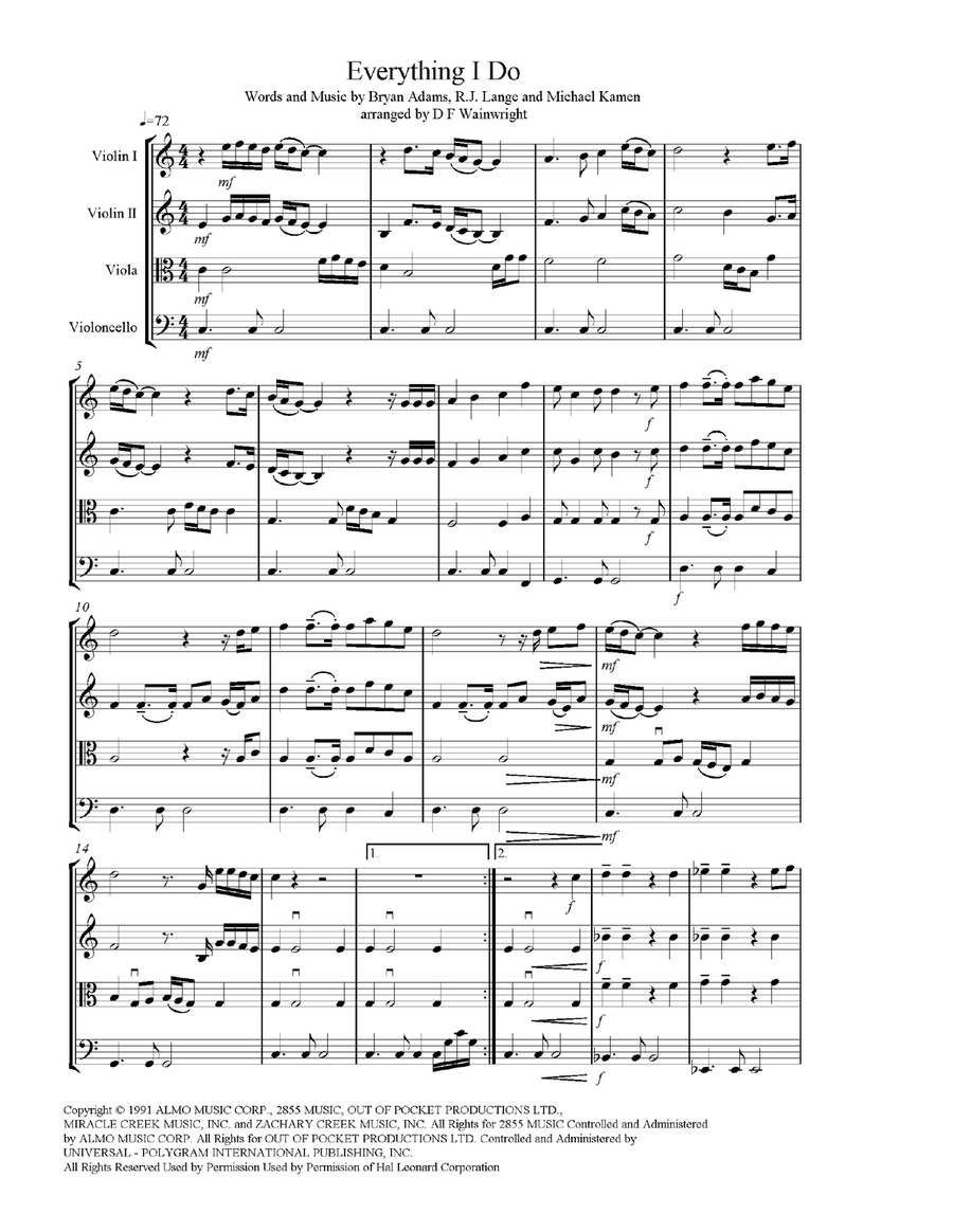 (Everything I Do) I Do It For You String Quartet scores gallery preview page 1