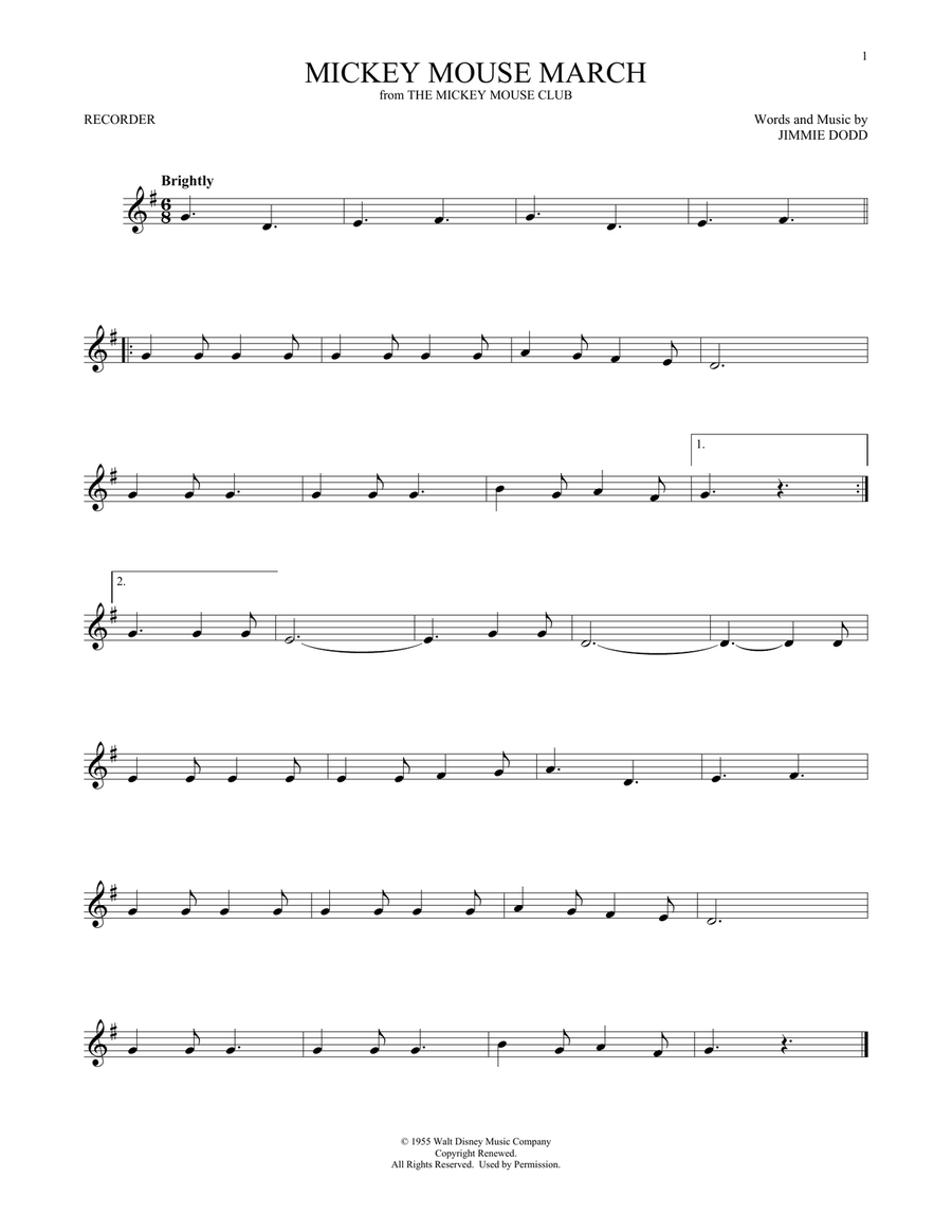 Mickey Mouse March (from The Mickey Mouse Club) Recorder scores gallery preview page 1