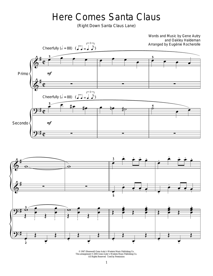 Here Comes Santa Claus (Right Down Santa Claus Lane) Piano Duet scores gallery preview page 1