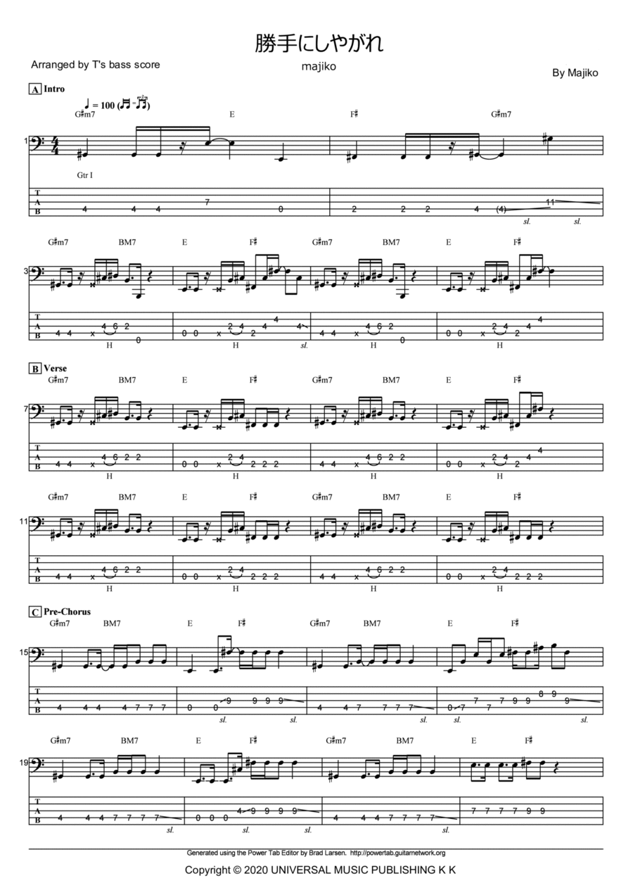 Katteni Shiyagare Bass Guitar scores gallery preview page 1