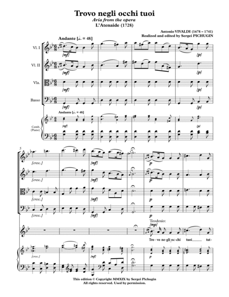 VIVALDI Antonio: Trovo negli occhi tuoi, aria from the opera L'Atenaide, score and parts (G minor)