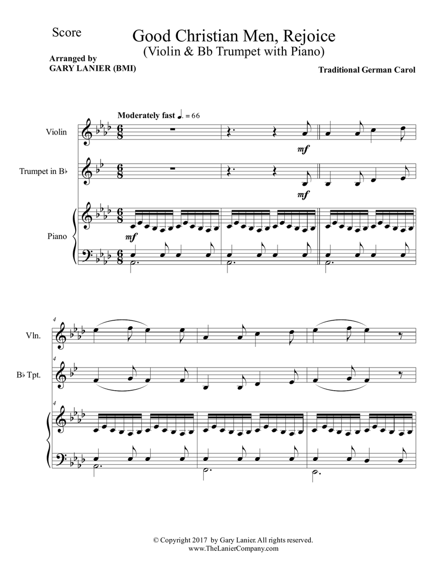 GOOD CHRISTIAN MEN, REJOICE (Violin, Bb Trumpet with Piano & Score/Parts) B-Flat Trumpet scores gallery preview page 2