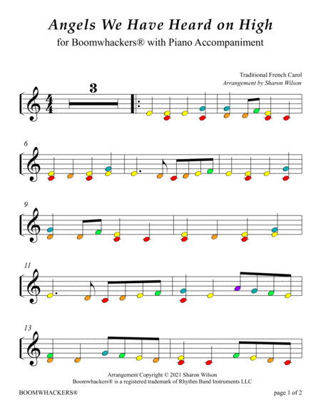 Christmas Carols (Collection of 10 Color-Coded Arrangements for One Octave Boomwhackers® with Piano) by Sharon Wilson Small Ensemble - Digital Sheet Music
