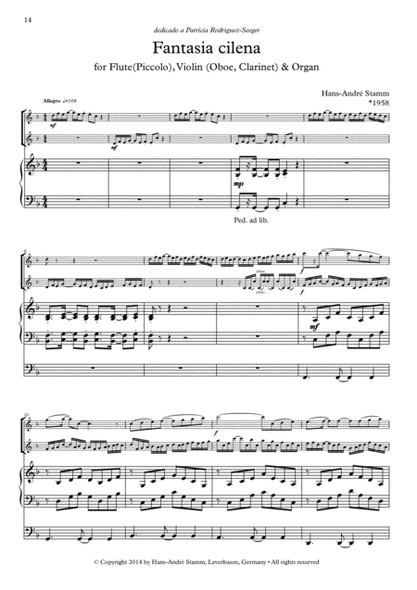 Trio Pieces for Flute (Piccolo), Violin (Oboe, Clarinet) & Organ Vol. 3 in Latin Spirit