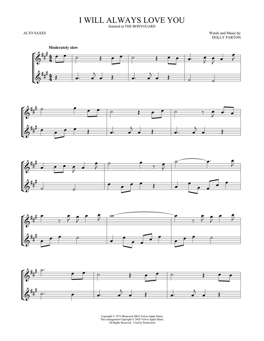 I Will Always Love You Woodwind Duet scores gallery preview page 1