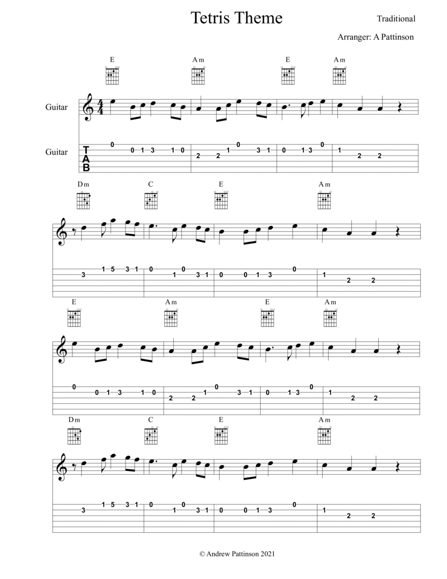 Tetris theme for Easy Guitar Acoustic Guitar scores gallery preview page 1