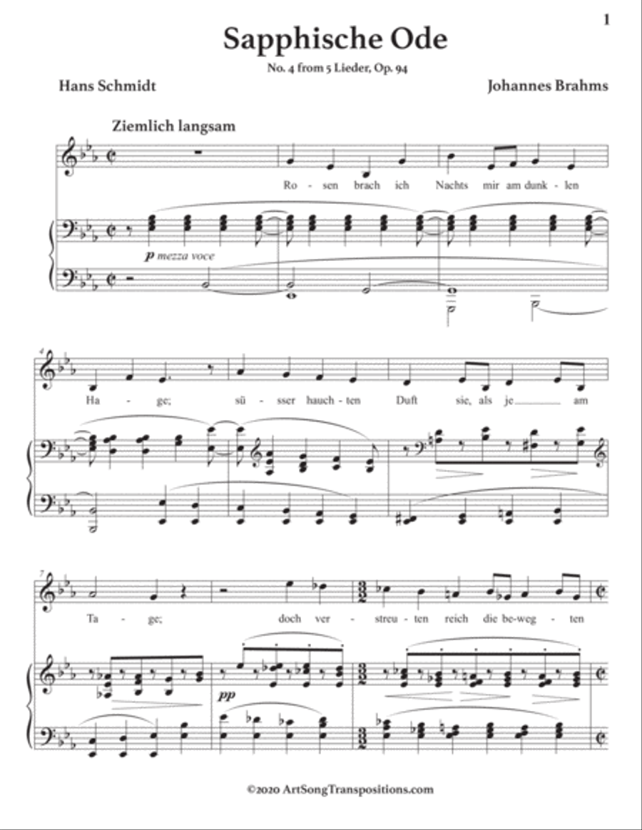 BRAHMS: Sapphische Ode, Op. 94 no. 4 (transposed to E-flat major) Voice scores gallery preview page 2