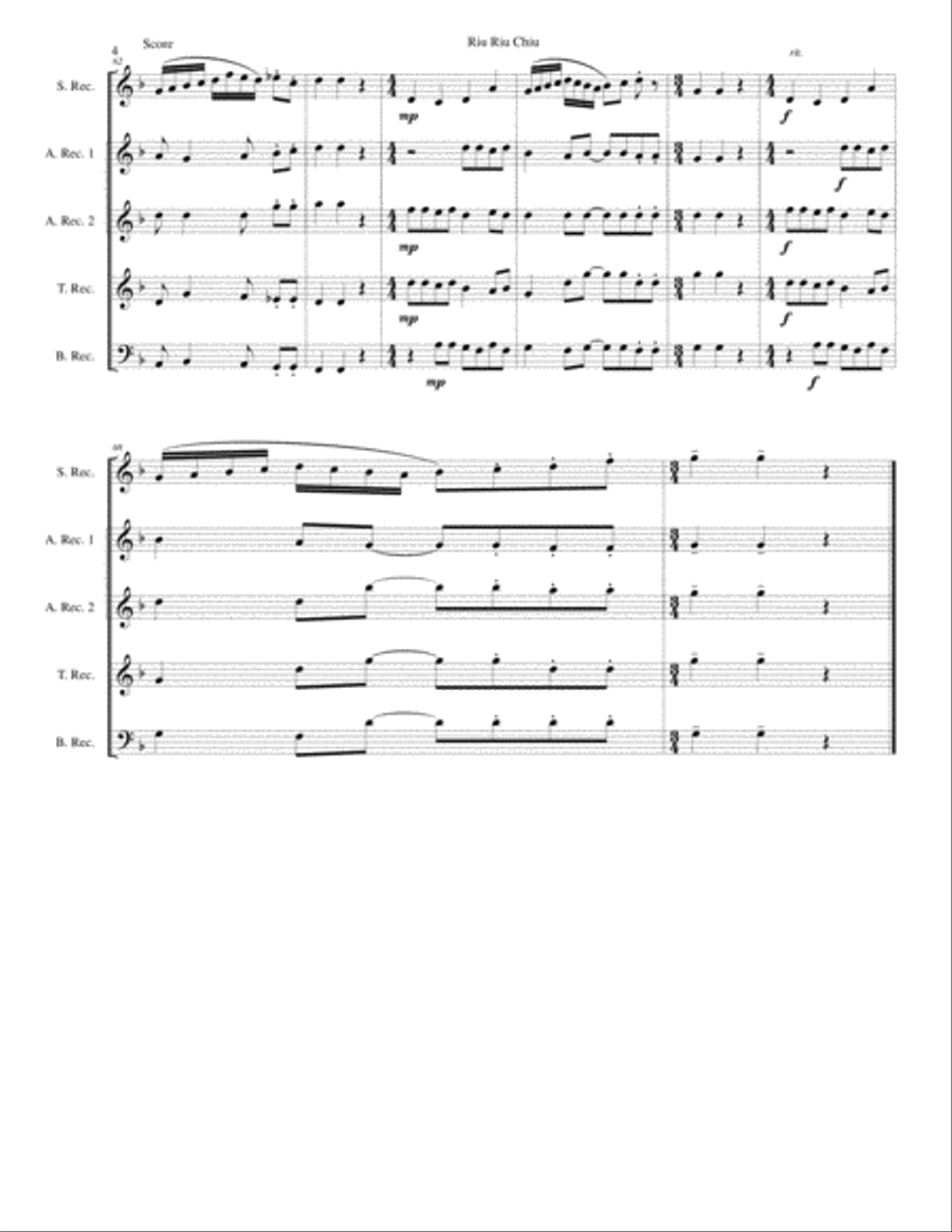 Riu Riu Chiu arranged for recorder quintet (soprano, 2 altos, tenor, bass) Soprano Recorder scores gallery preview page 4