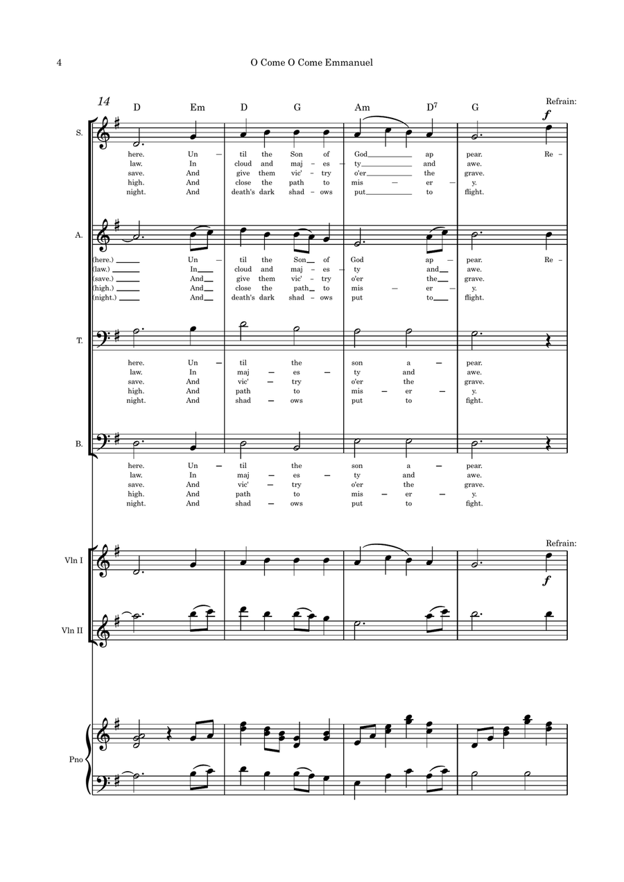 O Come O Come Emmanuel/I Heard the Voice of Jesus Say SATB, violin duet and piano 4-Part scores gallery preview page 4