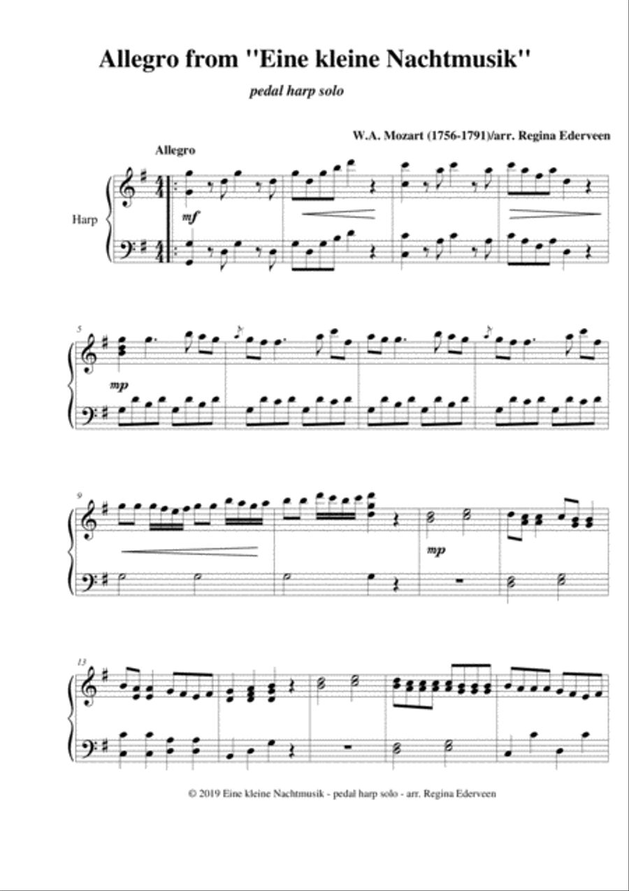 Allegro from ''Eine Kleine Nachtmusik'' (Mozart) - pedal harp solo Pedal Harp scores gallery preview page 1