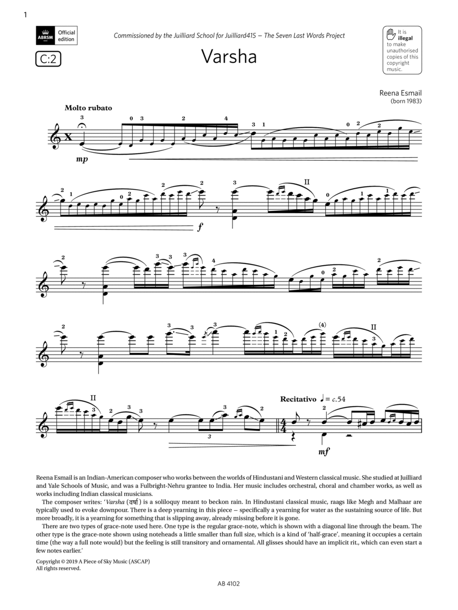 Varsha (Grade 8, C2, from the ABRSM Violin Syllabus from 2024) Violin Solo scores gallery preview page 1