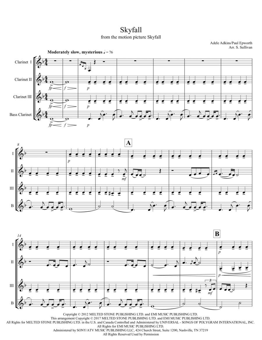 Skyfall Clarinet Quartet scores gallery preview page 1