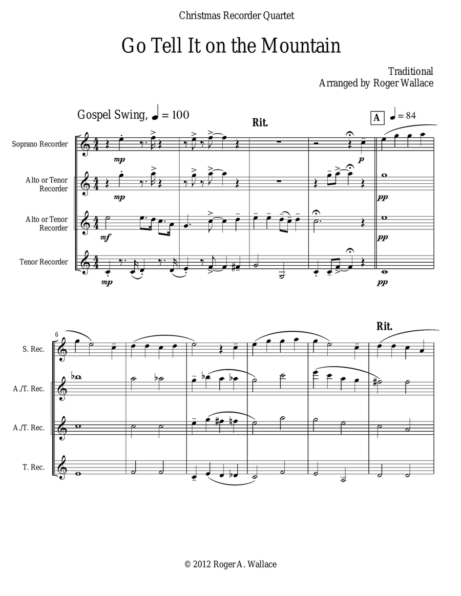 Go Tell It on the Mountain (Recorder Quartet) Soprano Recorder scores gallery preview page 1