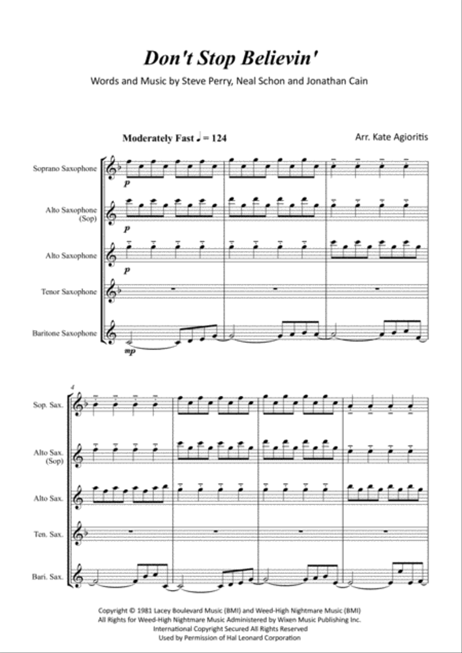 Don't Stop Believin' Saxophone Quartet scores gallery preview page 2