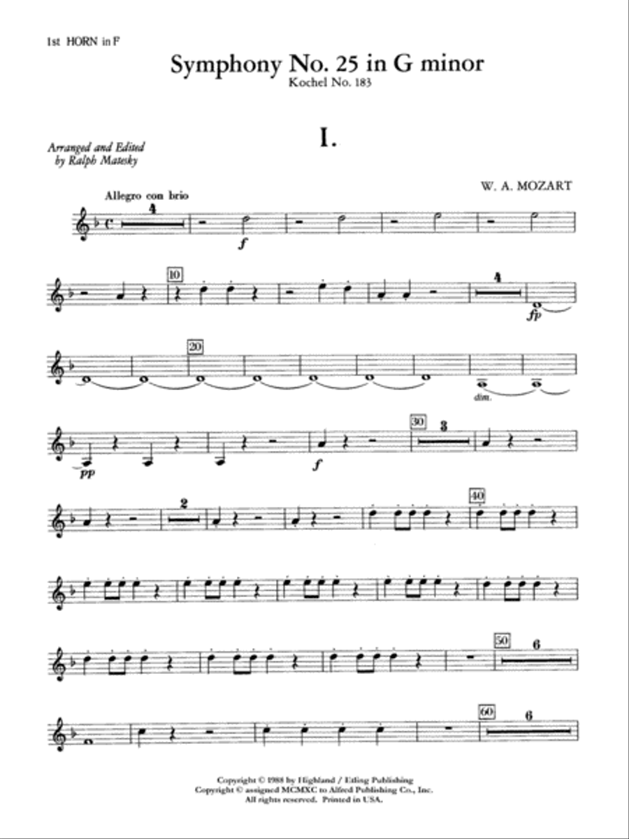 Mozart's Symphony No. 25 in G Minor, 1st & 2nd Movements: 1st F Horn Full Orchestra scores gallery preview page 1