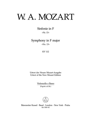 Book cover for Symphony, No. 13 F major, KV 112