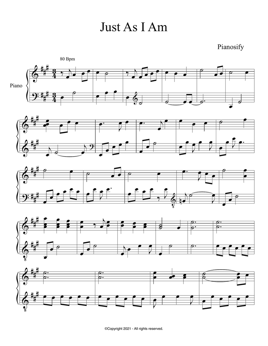 PIANO - Just as I Am (Piano Hymns Sheet Music PDF) Piano Solo scores gallery preview page 1
