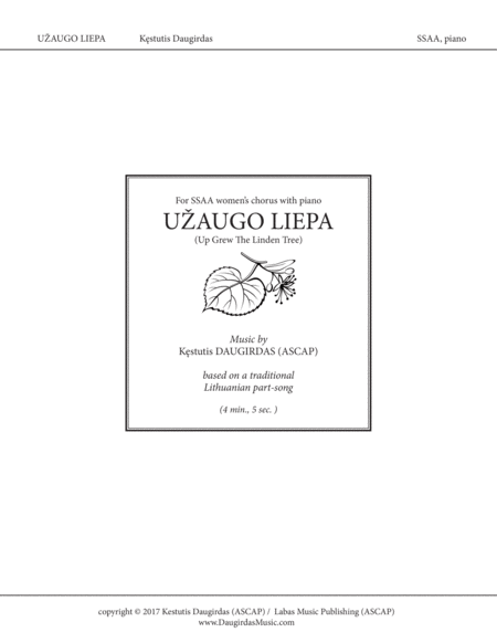 Užaugo Liepa (Up Grew The Linden Tree) - Lithuanian Folk Song for SSAA and piano image number null