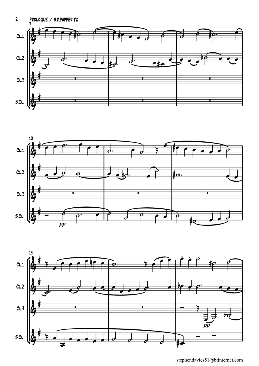 'Prologue' by Dr.Benjamin Robert Papperitz (1826-1903) for Clarinet Quartet. Clarinet Quartet scores gallery preview page 2
