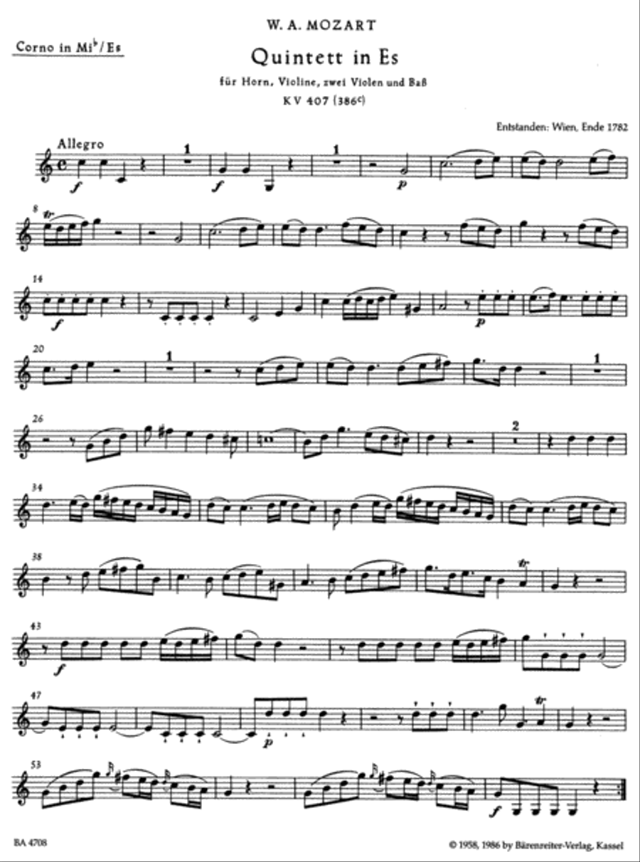 Quintet for Horn, Violin, two Viols and Bass (Violoncello) E flat major KV 407 (386c) Horn scores gallery preview page 2