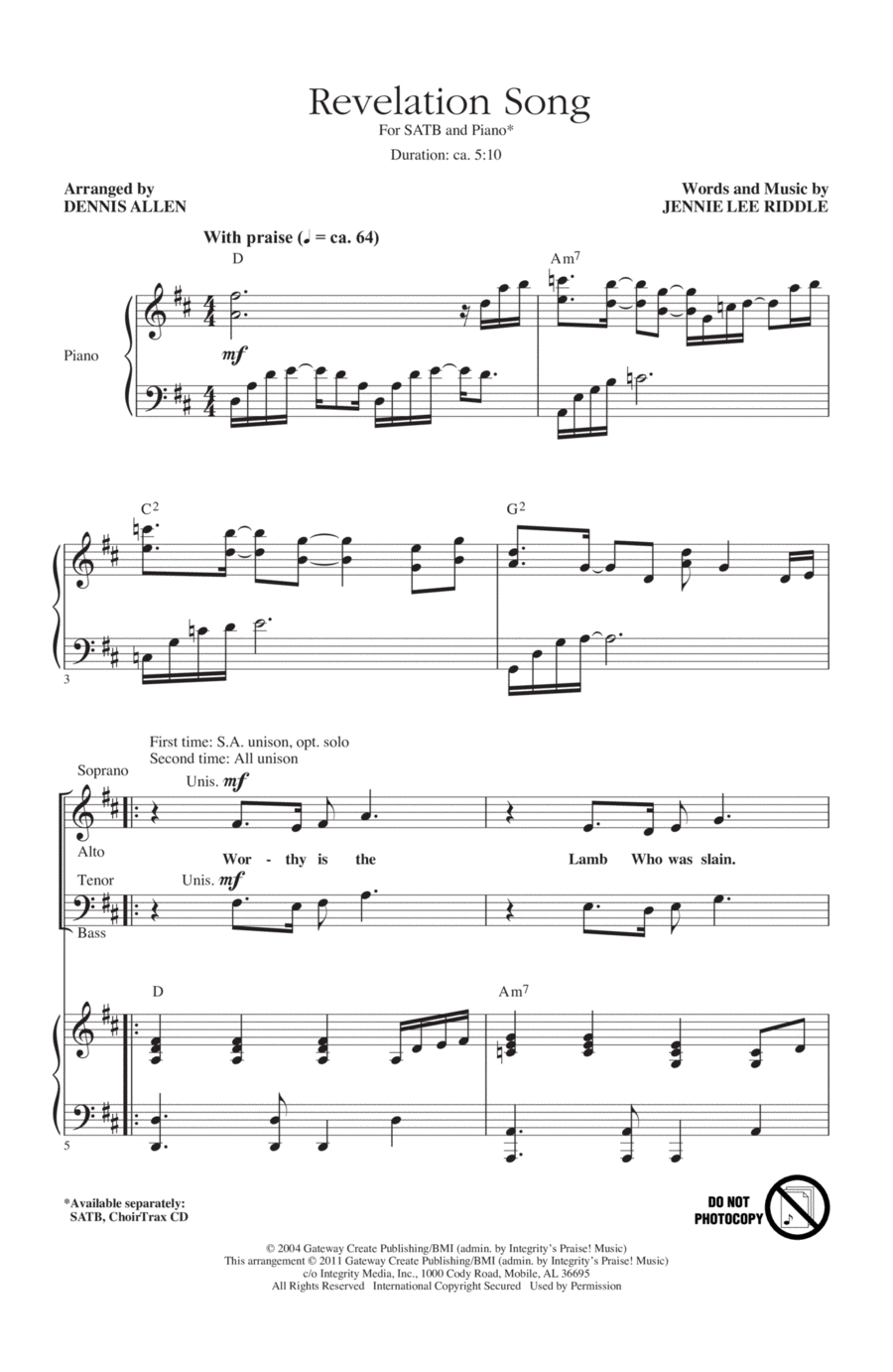 Revelation Song Revelation Song 4-Part scores gallery preview page 1