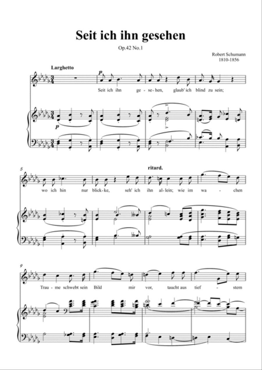 Schumann-Seit ich ihn gesehen,Op.42 No.1 in D♭ Major for Voice and Piano Voice Solo scores gallery preview page 2