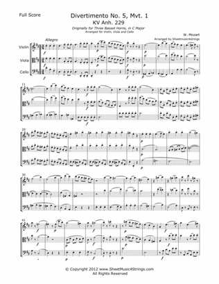 Mozart, W. - Divertimento No. 5 (Mvt. 1) for Violin, Viola and Cello