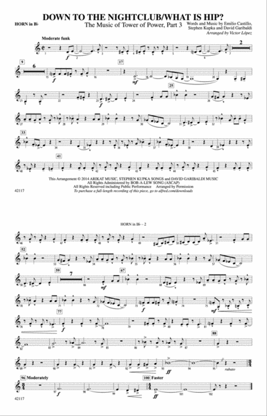 Down to the Nightclub / What Is Hip?: Horn in B flat Marching Band scores gallery preview page 1