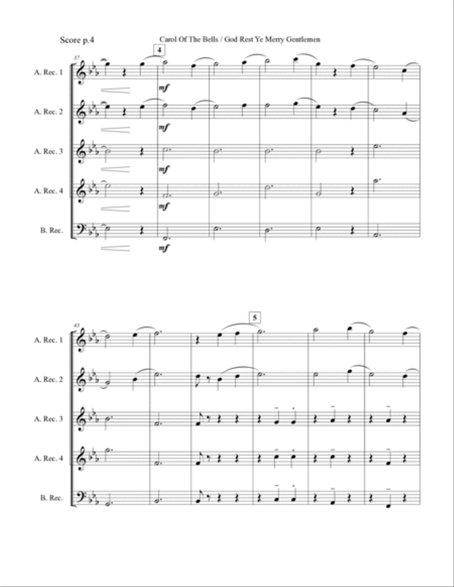 Carol Of The Bells / God Rest Ye Merry Gentlemen - 4 Alto recorders (with optional 5th bass part) Woodwind Duet scores gallery preview page 6