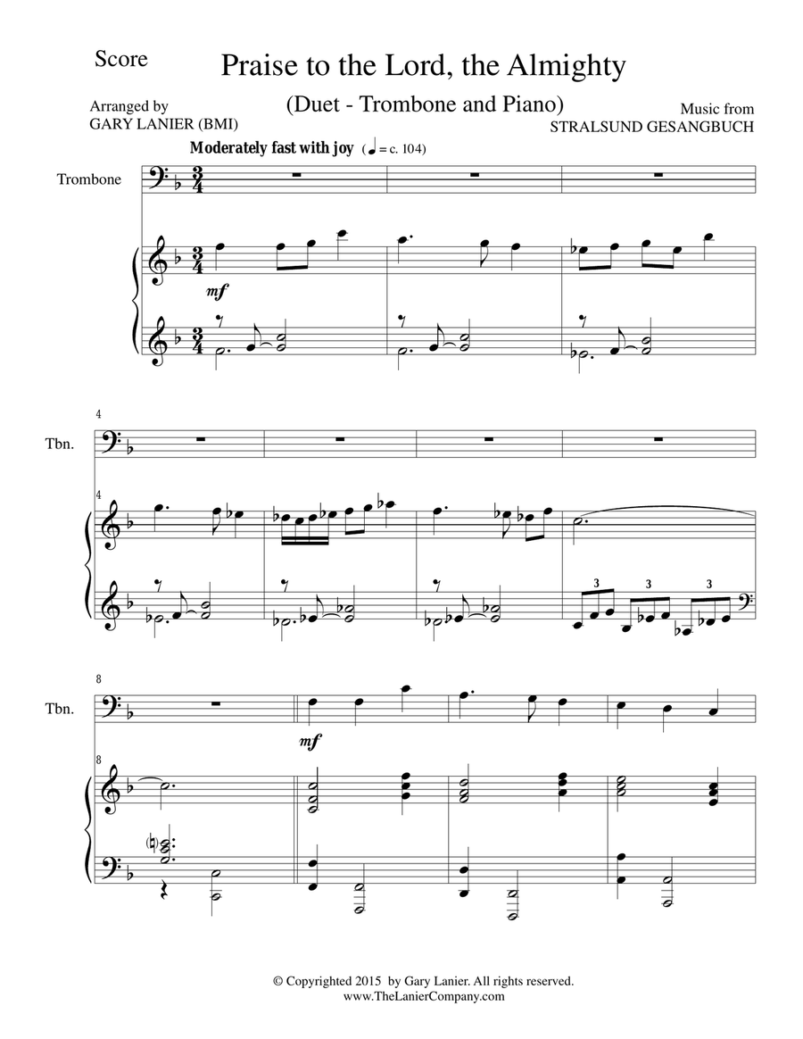 PRAISE TO THE LORD, THE ALMIGHTY (Duet – Trombone and Piano/Score and Parts) Trombone Duet scores gallery preview page 1
