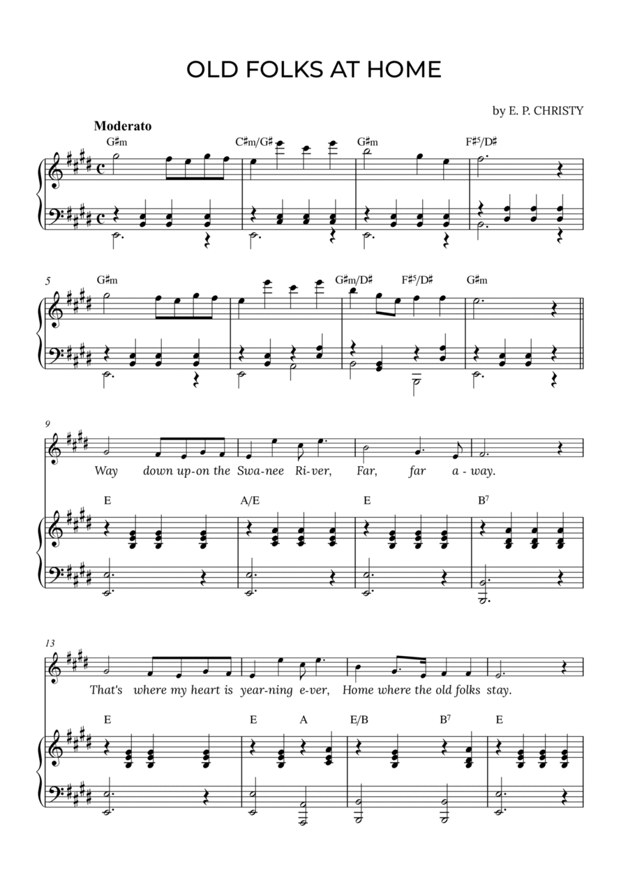 OLD FOLKS AT HOME in E with chords Voice scores gallery preview page 1