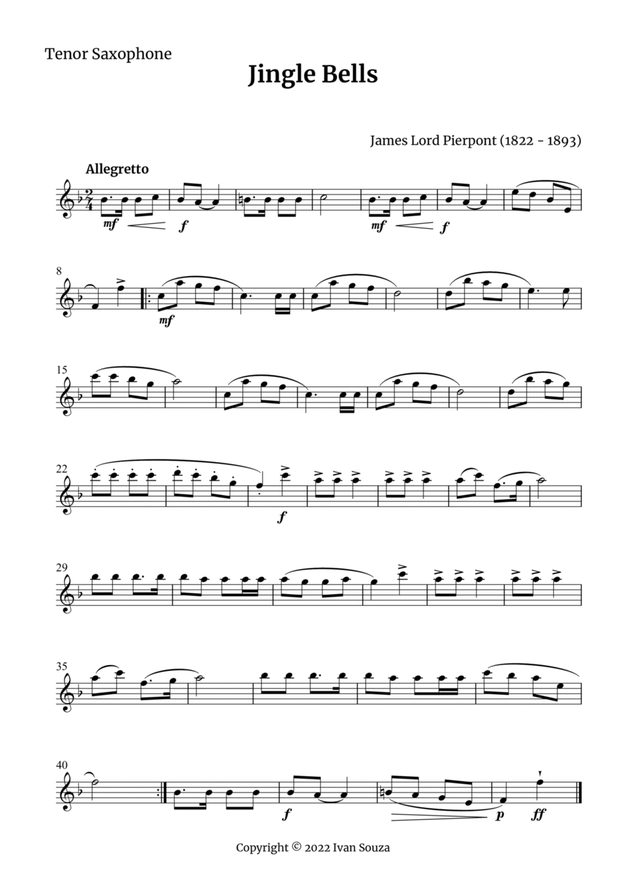 Jingle Bells Tenor Saxophone Digital Sheet Music Sheet Music