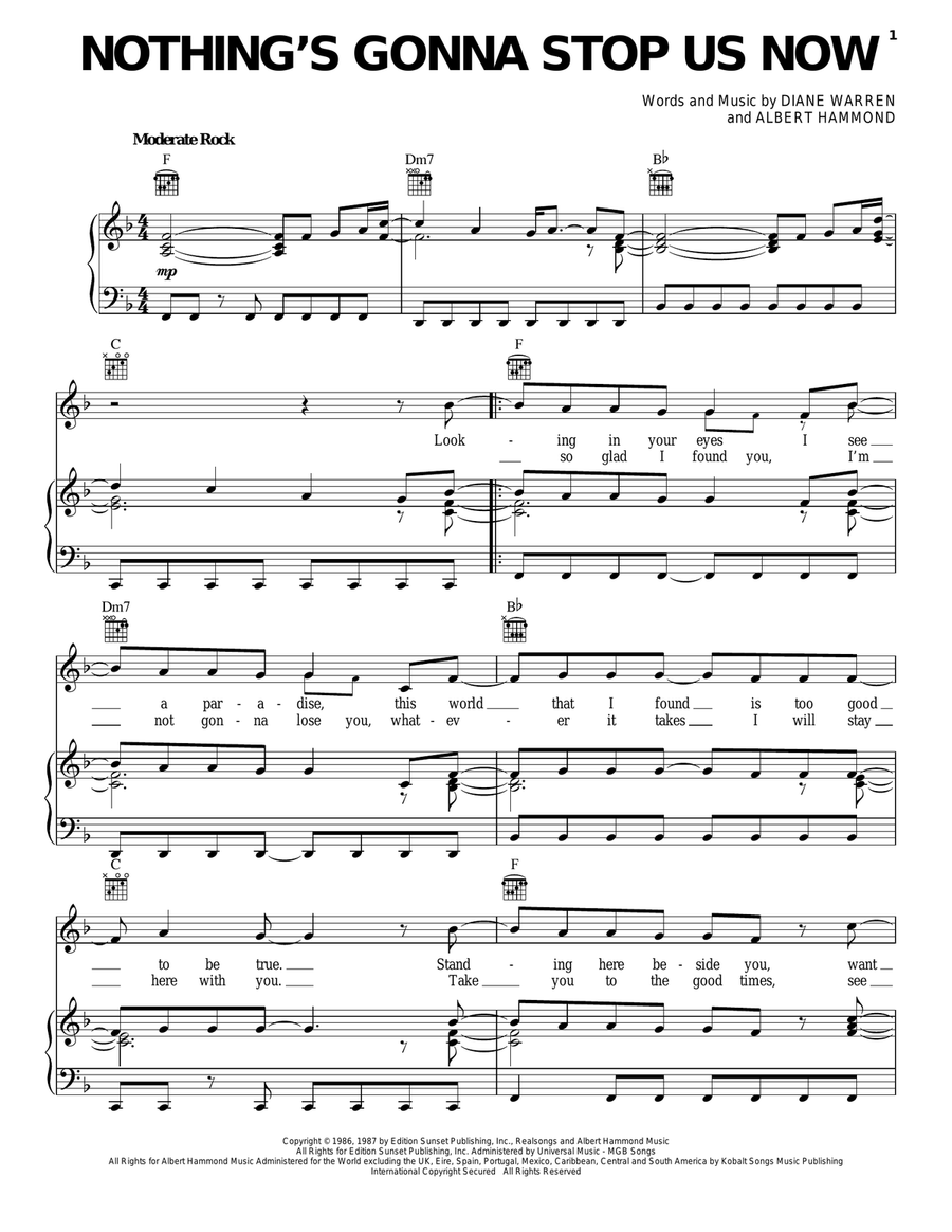 Nothing's Gonna Stop Us Now Piano, Vocal, Guitar scores gallery preview page 1