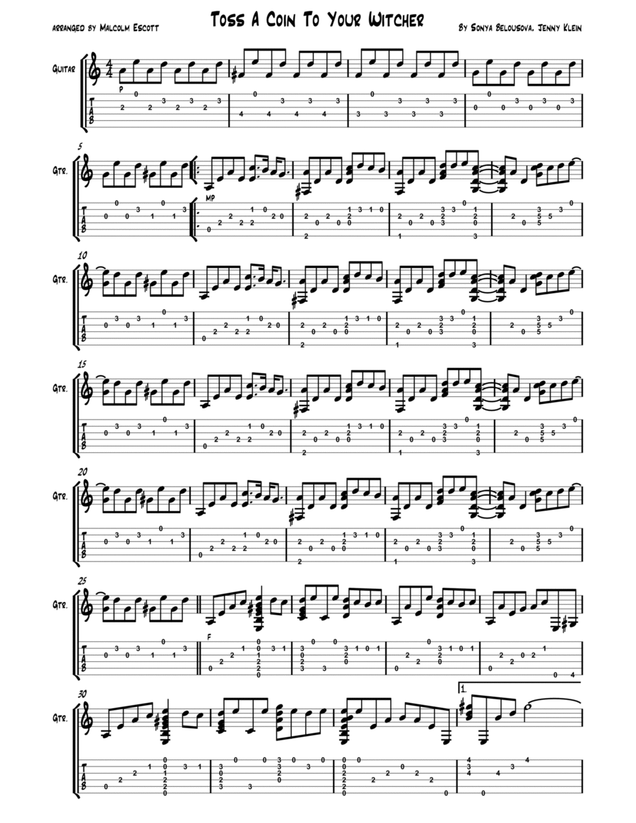 Toss A Coin To Your Witcher Guitar Tablature scores gallery preview page 1