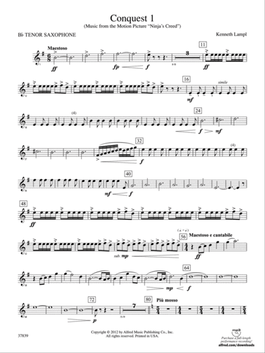 Conquest 1 (from the motion picture Ninja's Creed): B-flat Tenor Saxophone Concert Band scores gallery preview page 1