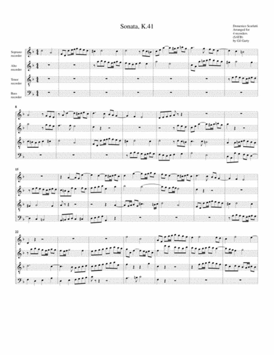 Sonata K. 41 (Fugue) (arrangement for 4 recorders)