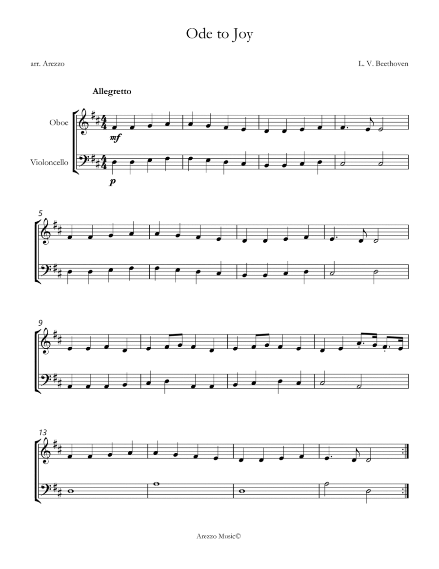 ode to joy sheet music for beginners oboe and cello duet