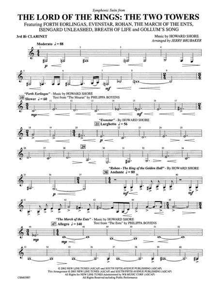 The Lord of the Rings: The Two Towers, Symphonic Suite from: 3rd B-flat Clarinet