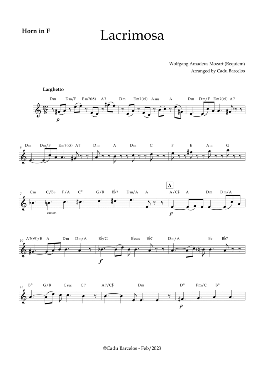 Lacrimosa - Horn and chords (Mozart) Horn Solo scores gallery preview page 1