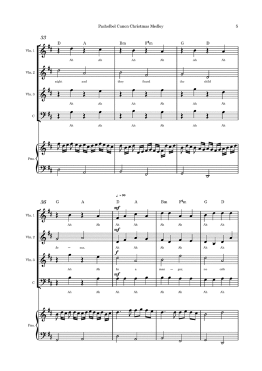 Pachelbel Canon with optional Christmas Medley lyrics strings quartet and piano Piano Quartet scores gallery preview page 5