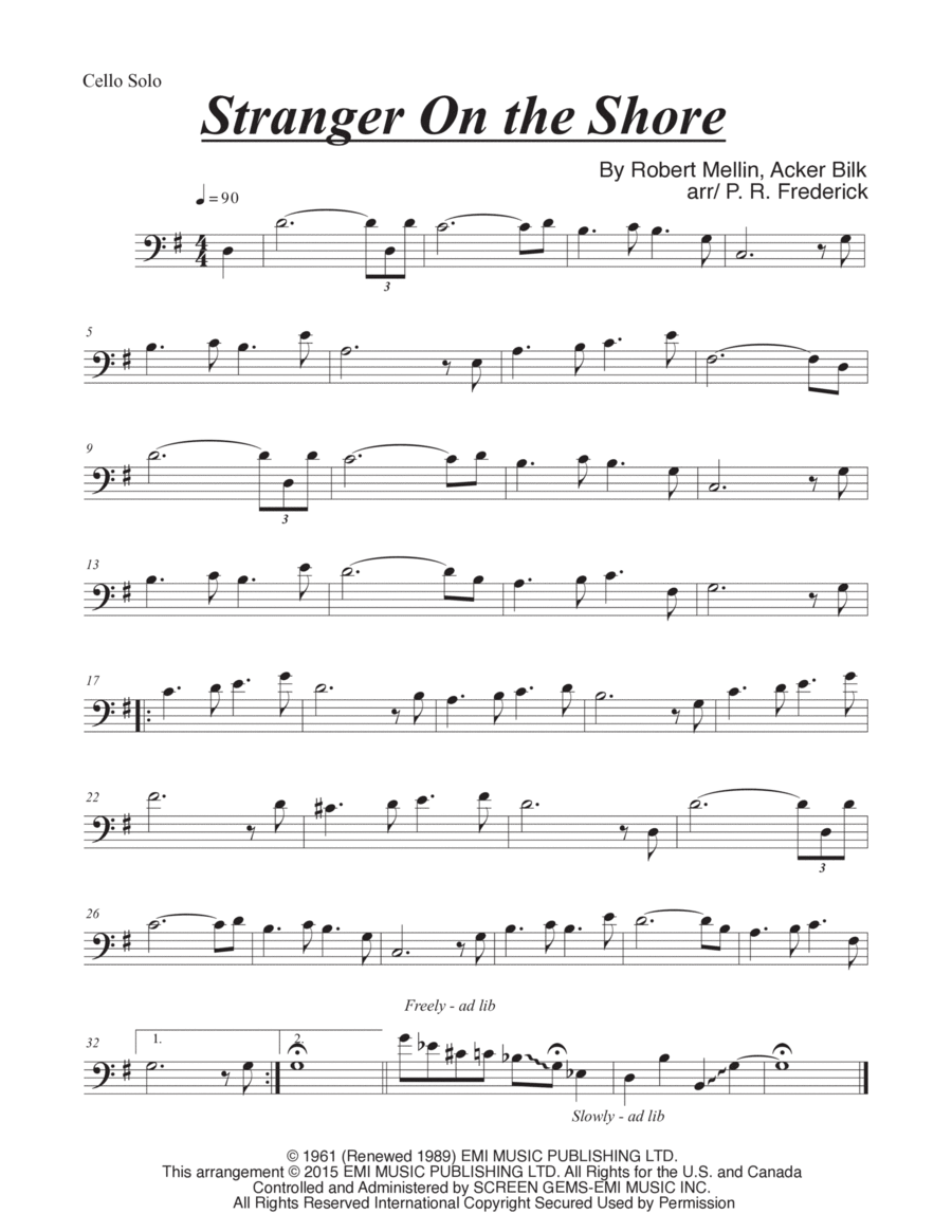 Stranger On The Shore Cello Solo scores gallery preview page 1