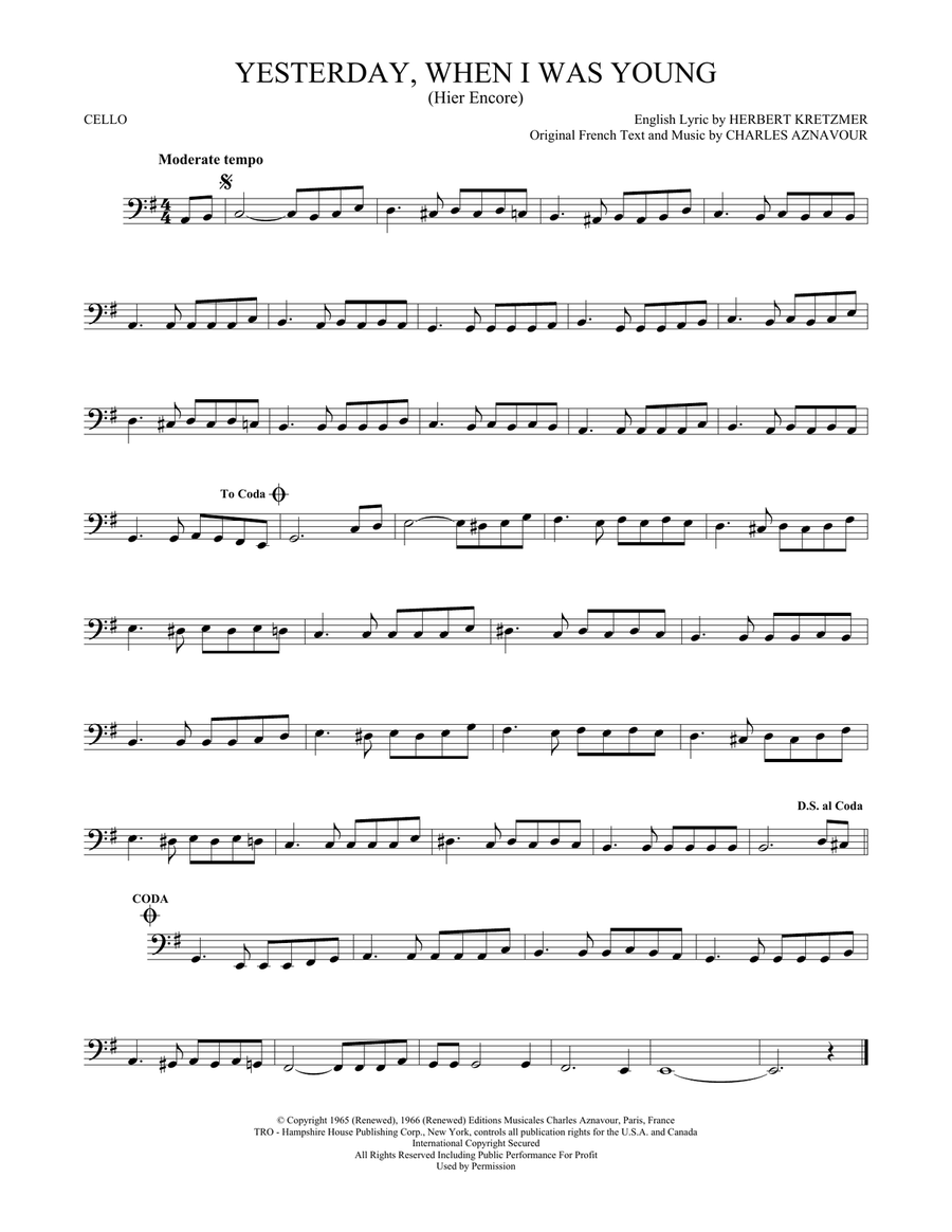 Yesterday, When I Was Young (Hier Encore) Cello Solo scores gallery preview page 1