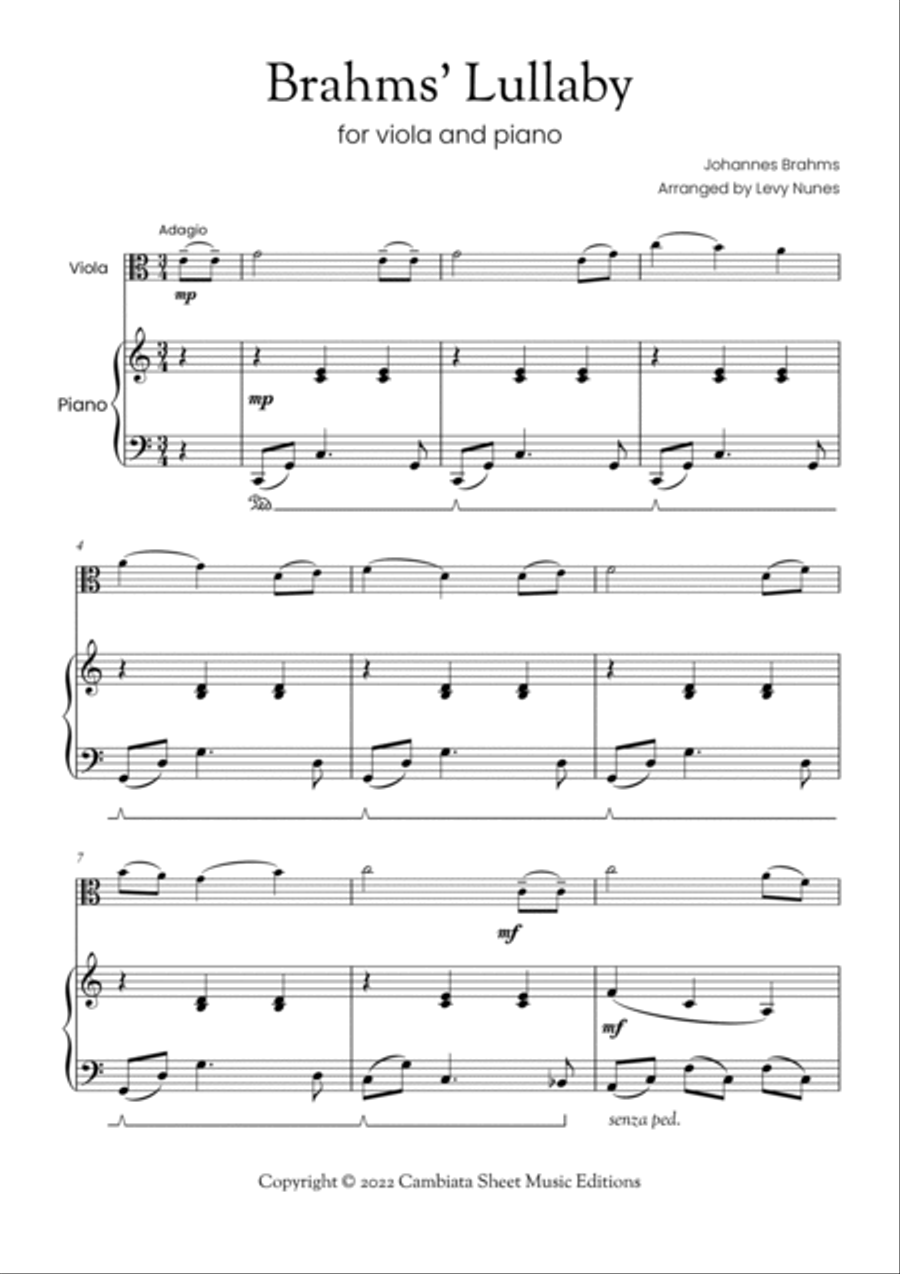 Brahms' Lullaby - Solo viola and piano accompaniment (Easy) Piano scores gallery preview page 2