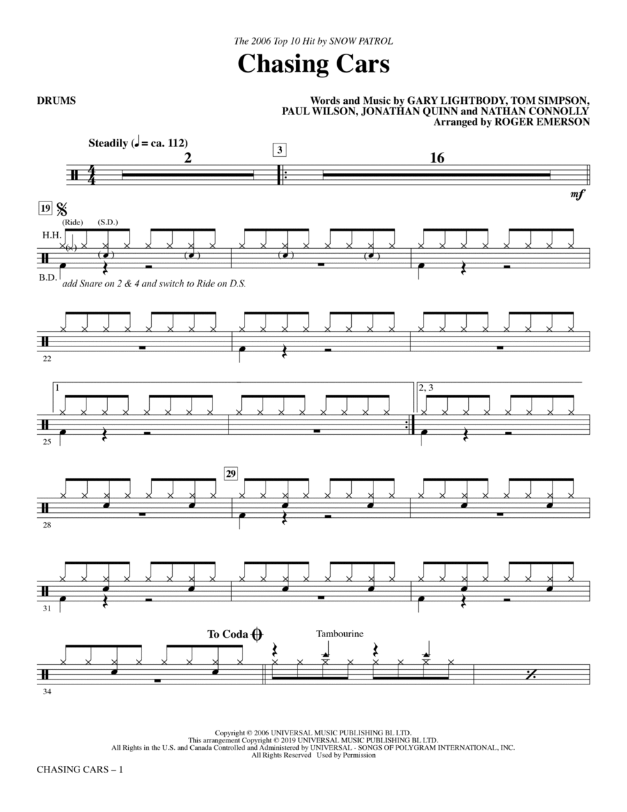 Chasing Cars (arr. Roger Emerson) - Drums
