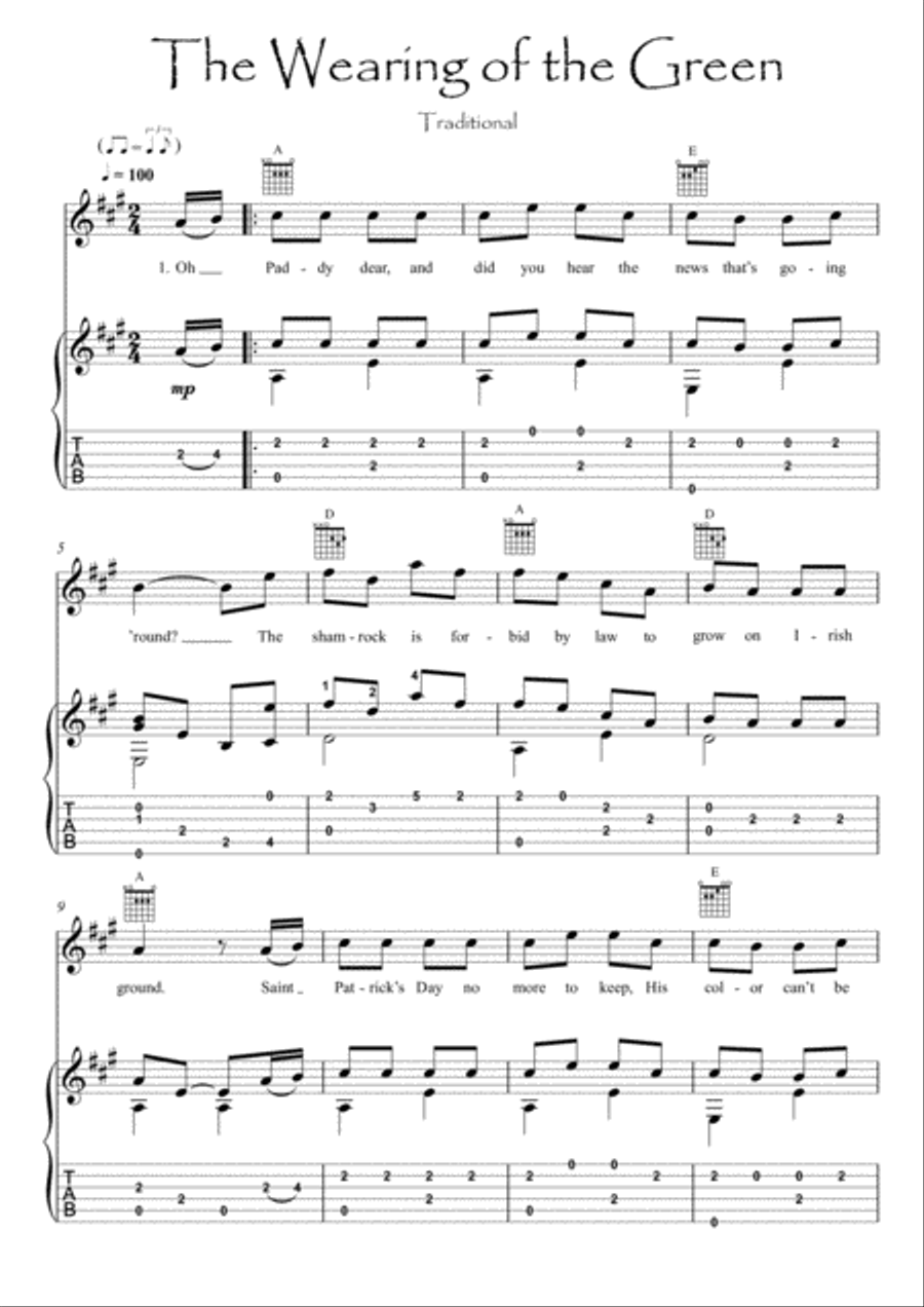 The Wearing of the Green guitar fingerstyle Acoustic Guitar scores gallery preview page 1